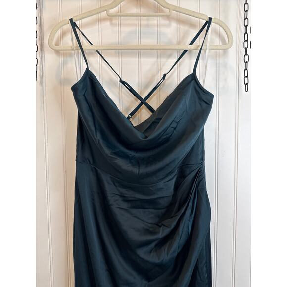 NWOT Lulus Moments of Beauty Dark Teal Satin Cowl Neck Tulip Maxi Dress Size L - Picture 6 of 7